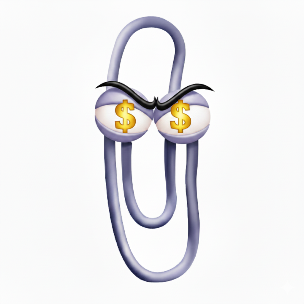 Clippy with dollar signs in eyes